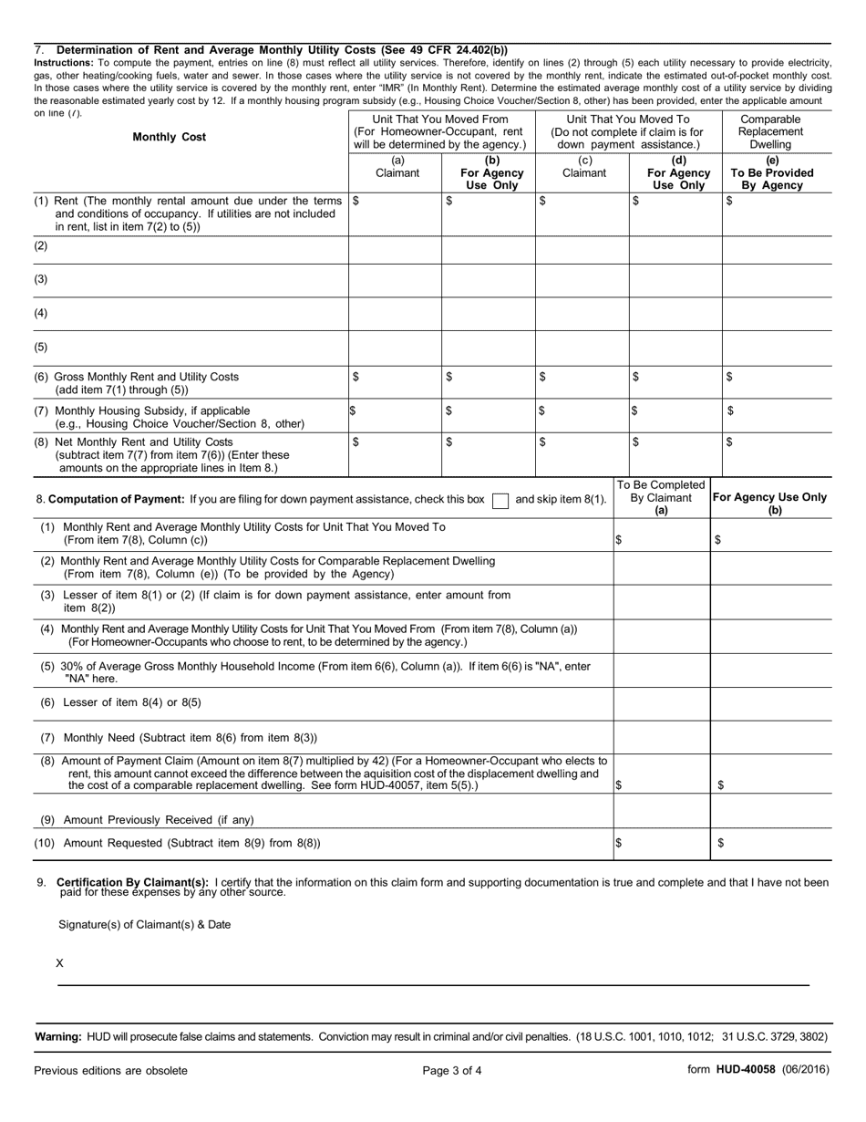 Form HUD-40058 Claim for Rental Assistance or Downpayment Assistance, Page 3