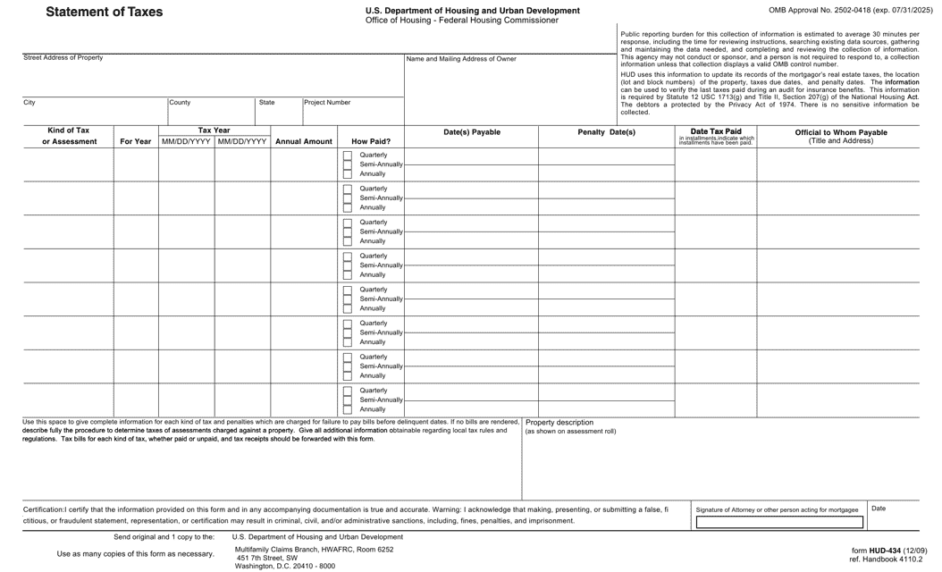 Form HUD-434 Statement of Taxes