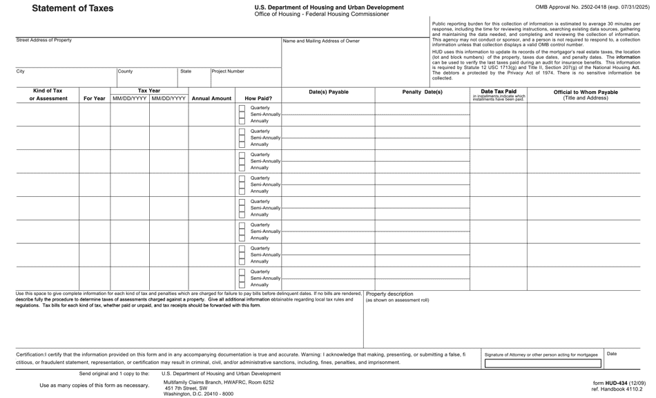 Form HUD-434 Statement of Taxes, Page 1