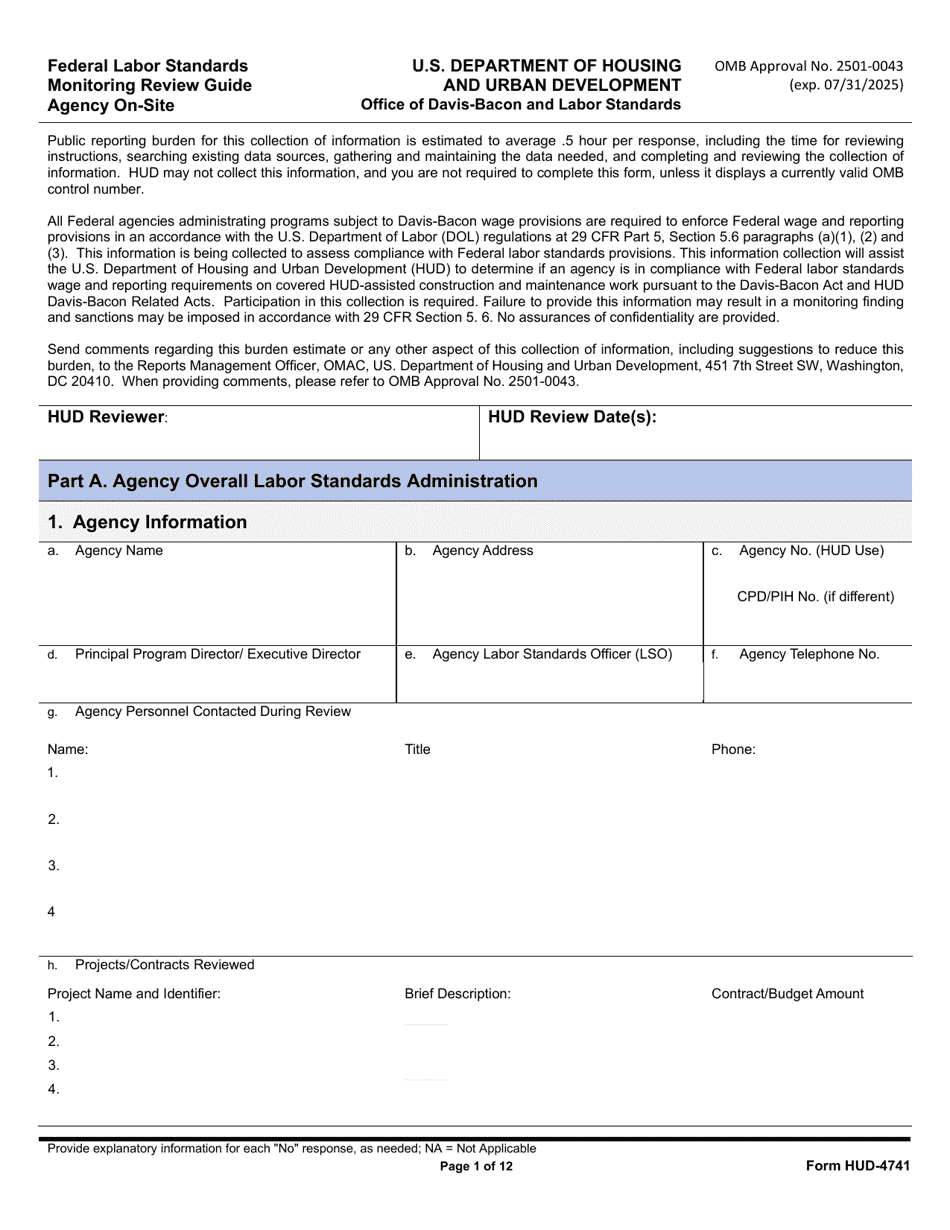 Form HUD-4741 Federal Labor Standards Monitoring Review Guide Agency on-Site, Page 1