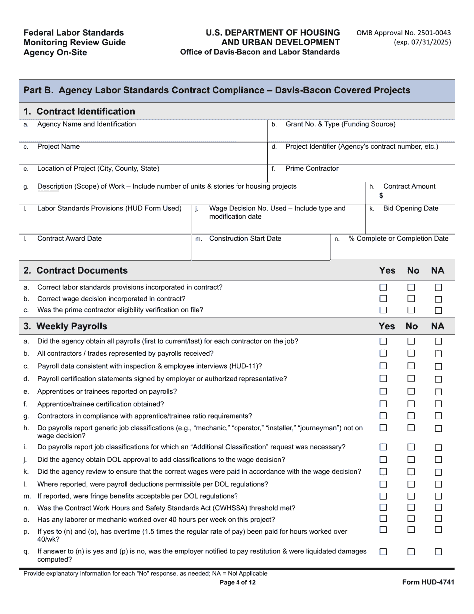 Form HUD-4741 Federal Labor Standards Monitoring Review Guide Agency on-Site, Page 4
