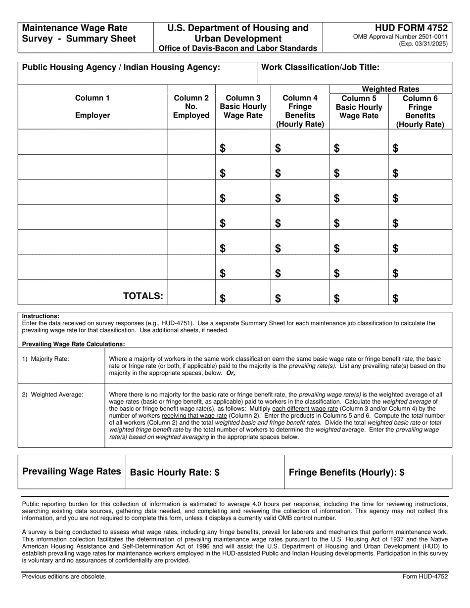 Form HUD-4752 Download Fillable PDF or Fill Online Maintenance Wage ...