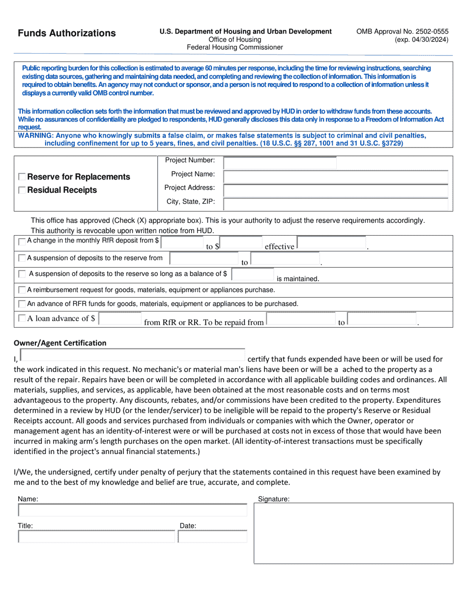 Form Hud Download Printable Pdf Or Fill Online Funds Authorizations