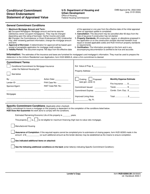 Form HUD-92800.5B Conditional Commitment Direct Endorsement Statement of Appraised Value
