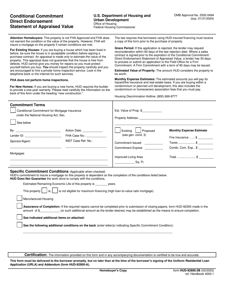 Form HUD-92800.5B Download Fillable PDF or Fill Online Conditional ...