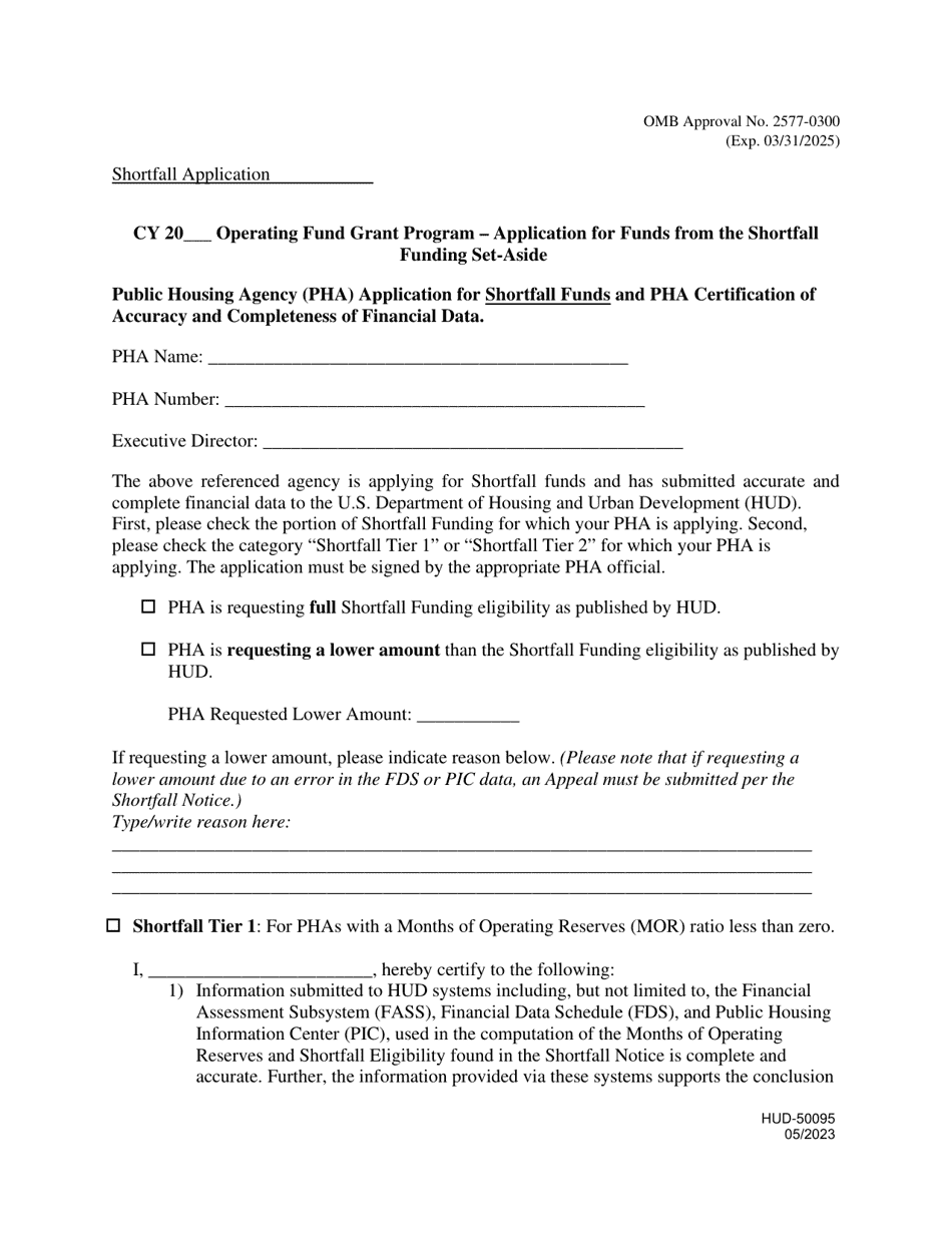 Form HUD-50095 Application for Funds From the Shortfall Funding Set-Aside, Page 1