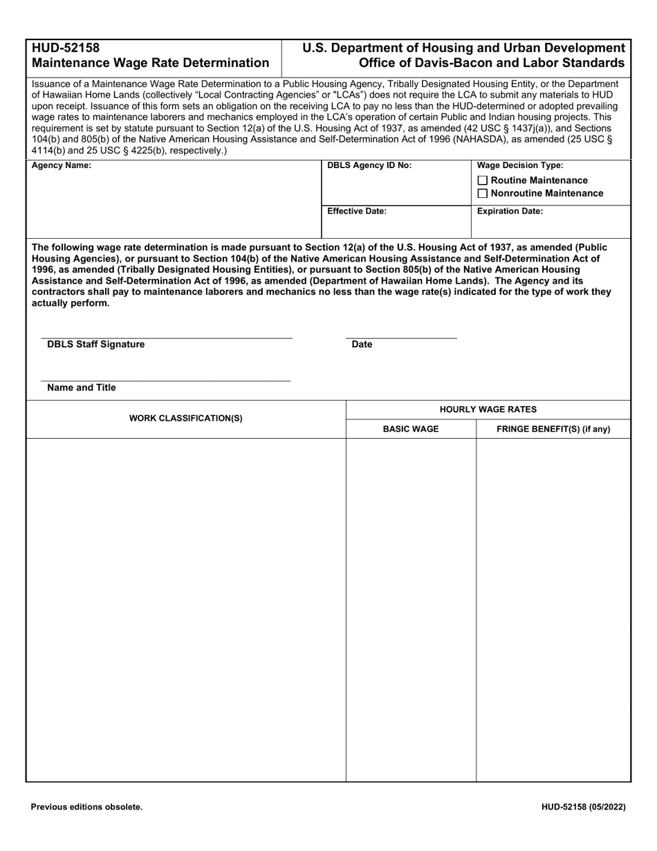 Form HUD-52158 Maintenance Wage Rate Determination, Page 1