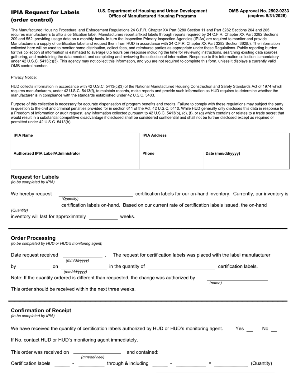 Form HUD-101 Ipia Request for Labels (Order Control), Page 1