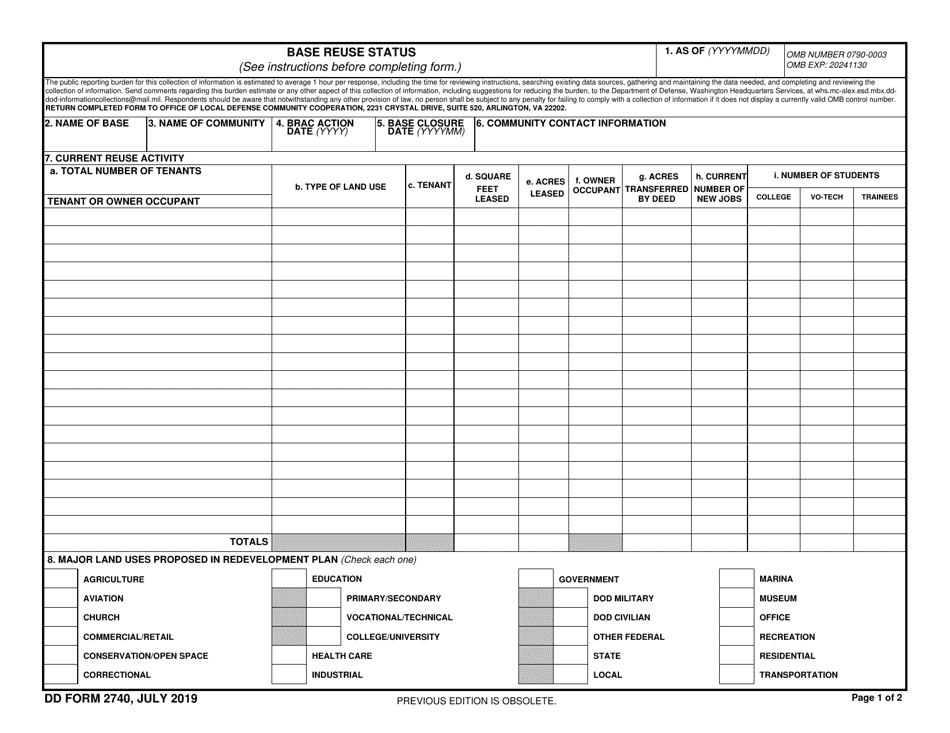 DD Form 2740 Based Reuse Status, Page 1