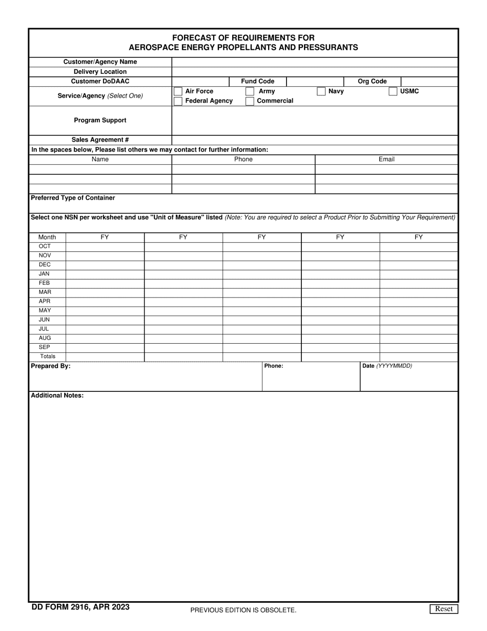 DD Form 2916 Forecast of Requirements for Aerospace Energy Propellants and Pressurants, Page 1