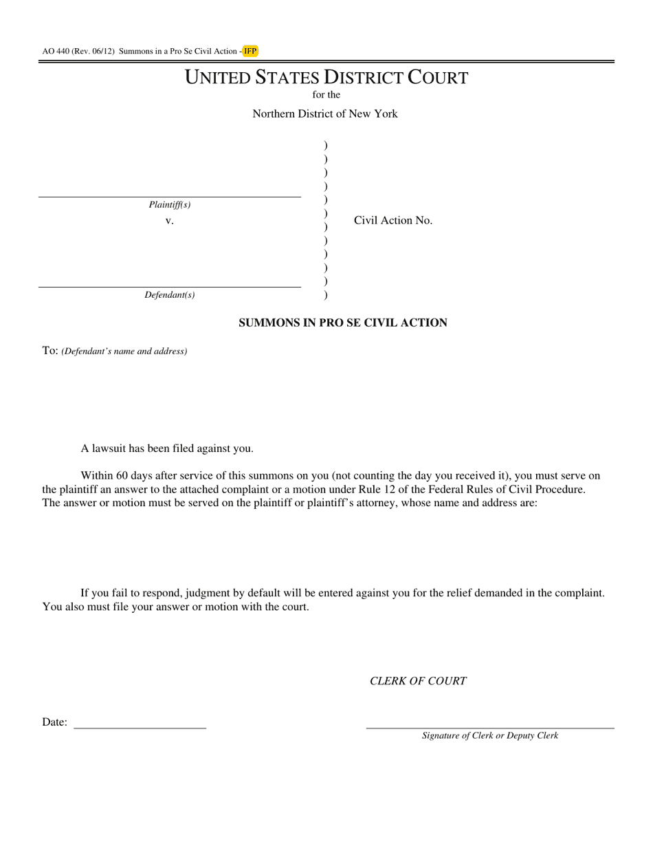 Form AO440 Summons in a Pro Se Civil Action - Ifp - New York, Page 1