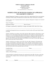 Document preview: Notification of Business Closing of Appraisal Management Company - North Carolina
