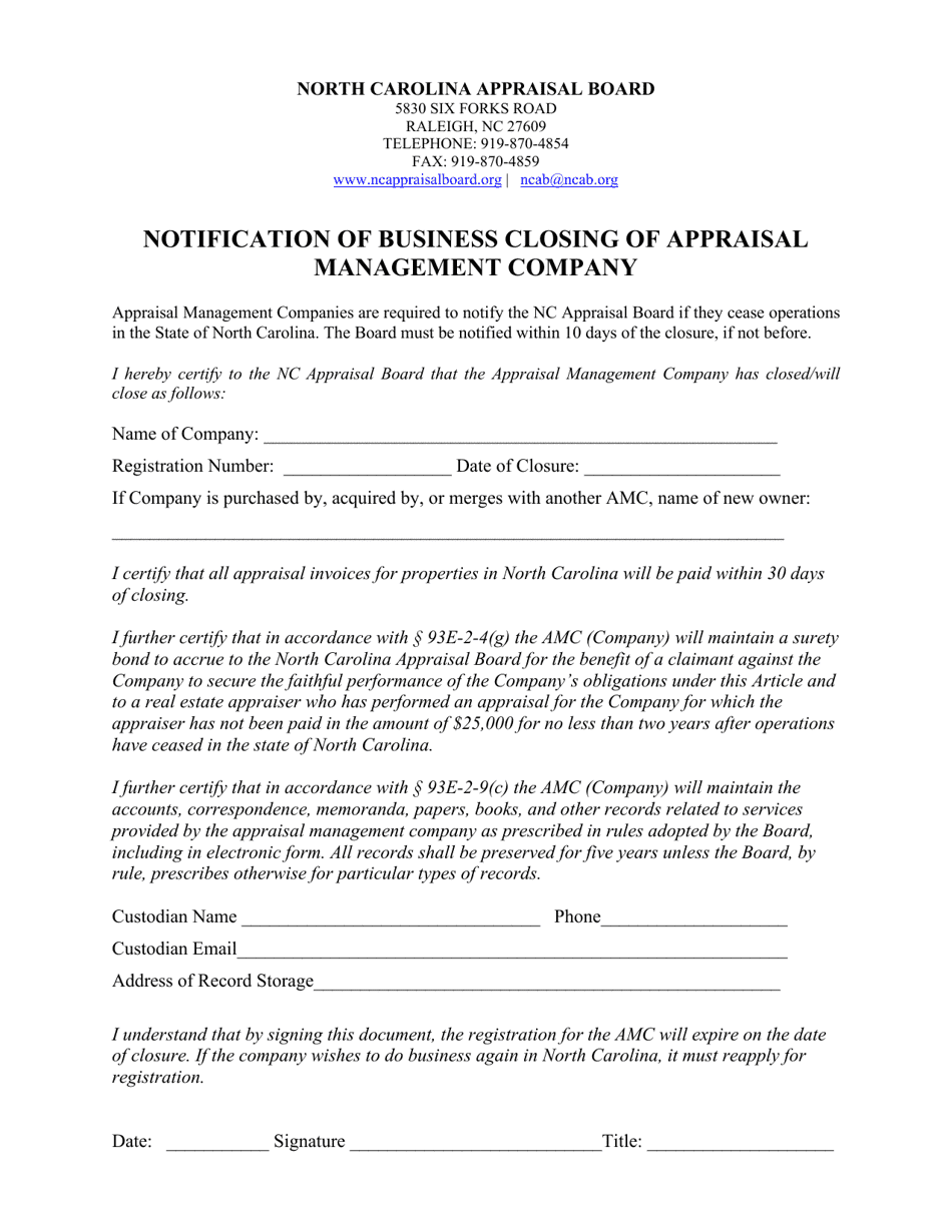 Notification of Business Closing of Appraisal Management Company - North Carolina, Page 1