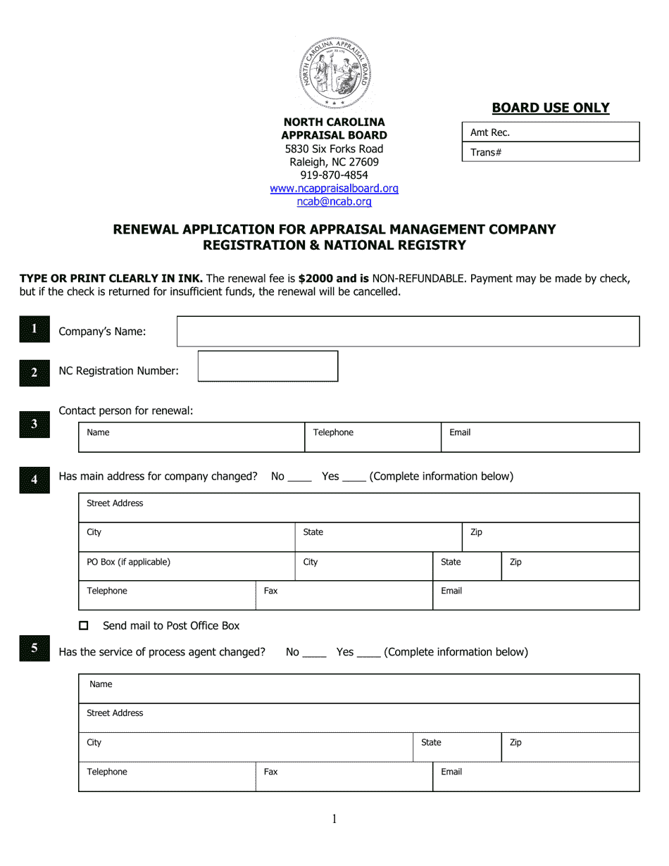Renewal Application for Appraisal Management Company Registration  National Registry - North Carolina, Page 1