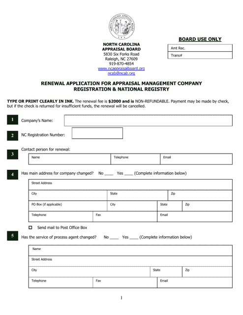 Renewal Application for Appraisal Management Company Registration & National Registry - North Carolina Download Pdf