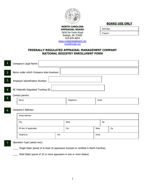 Federally Regulated Appraisal Management Company National Registry Enrollment Form - North Carolina Download Pdf