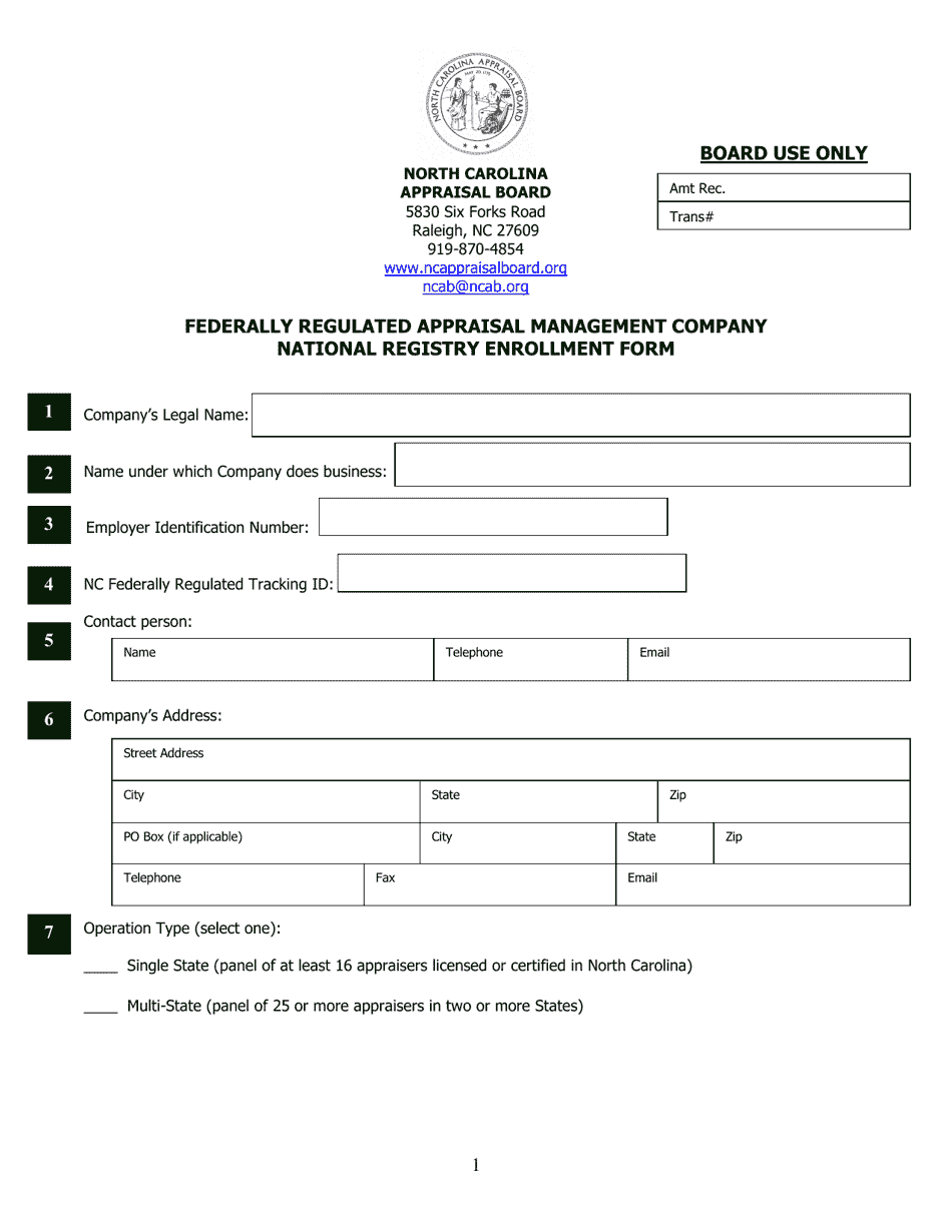 Federally Regulated Appraisal Management Company National Registry Enrollment Form - North Carolina, Page 1