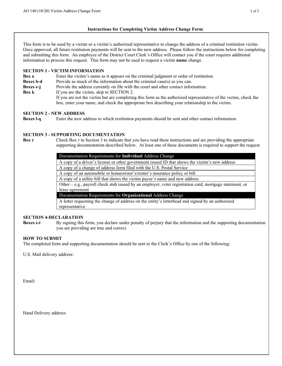 Form AO140 Victim Address Change Form - Texas, Page 2