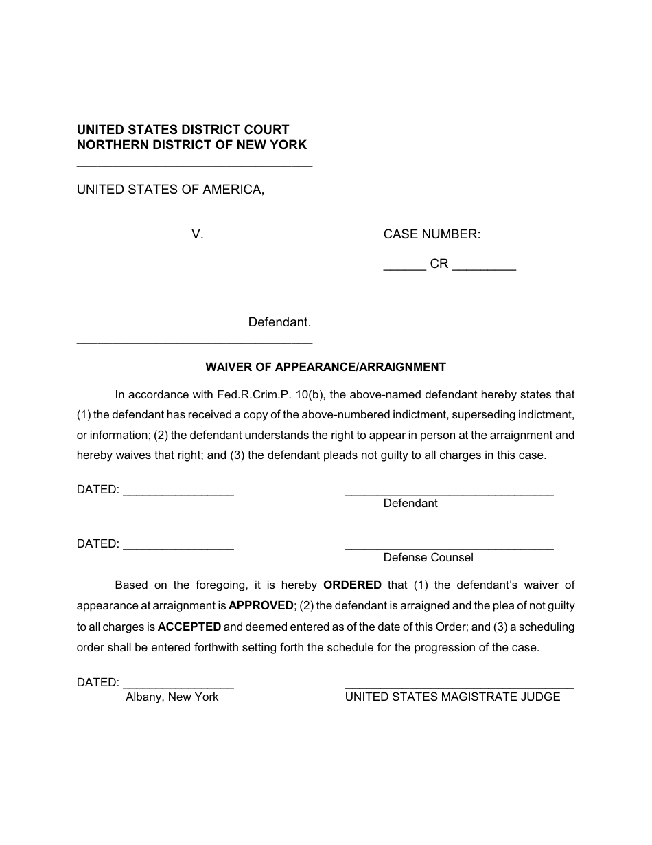 Waiver of Appearance / Arraignment - New York, Page 1