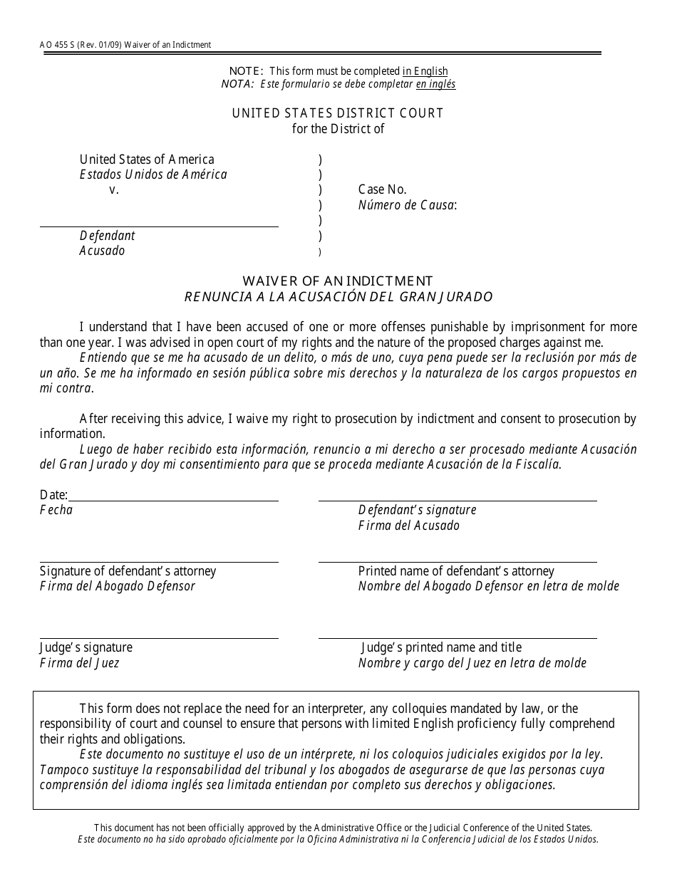 Form AO455 S Waiver of an Indictment - New York (English / Spanish), Page 1