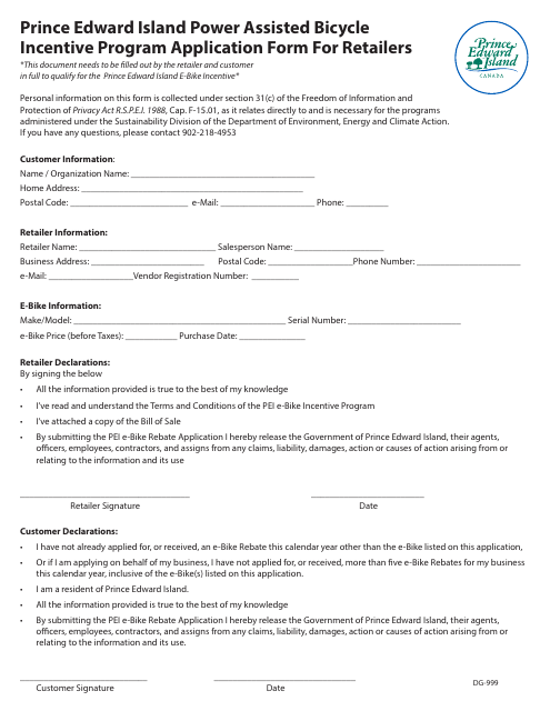 Form DG-999 Application Form for Retailers - Prince Edward Island Power Assisted Bicycle Incentive Program - Prince Edward Island, Canada