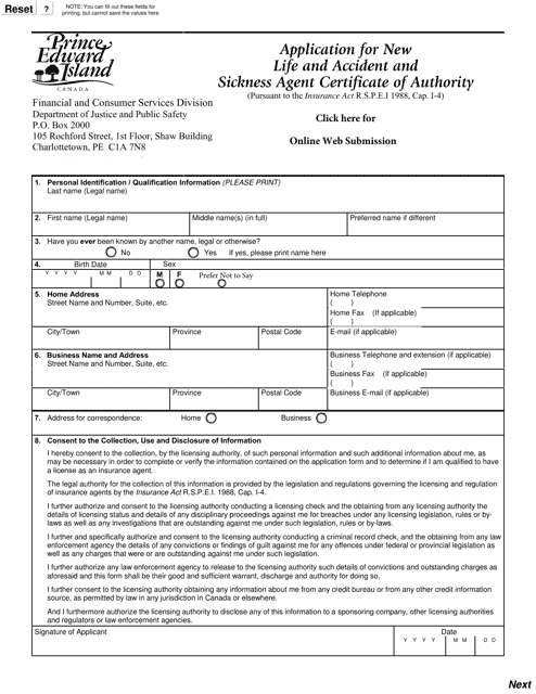 Application for New Life and Accident and Sickness Agent Certificate of Authority - Prince Edward Island, Canada Download Pdf