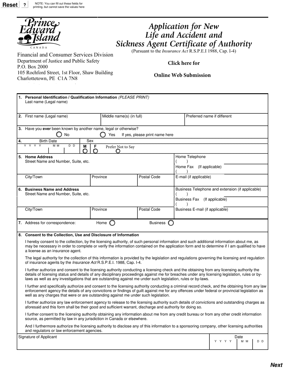 Application for New Life and Accident and Sickness Agent Certificate of Authority - Prince Edward Island, Canada, Page 1