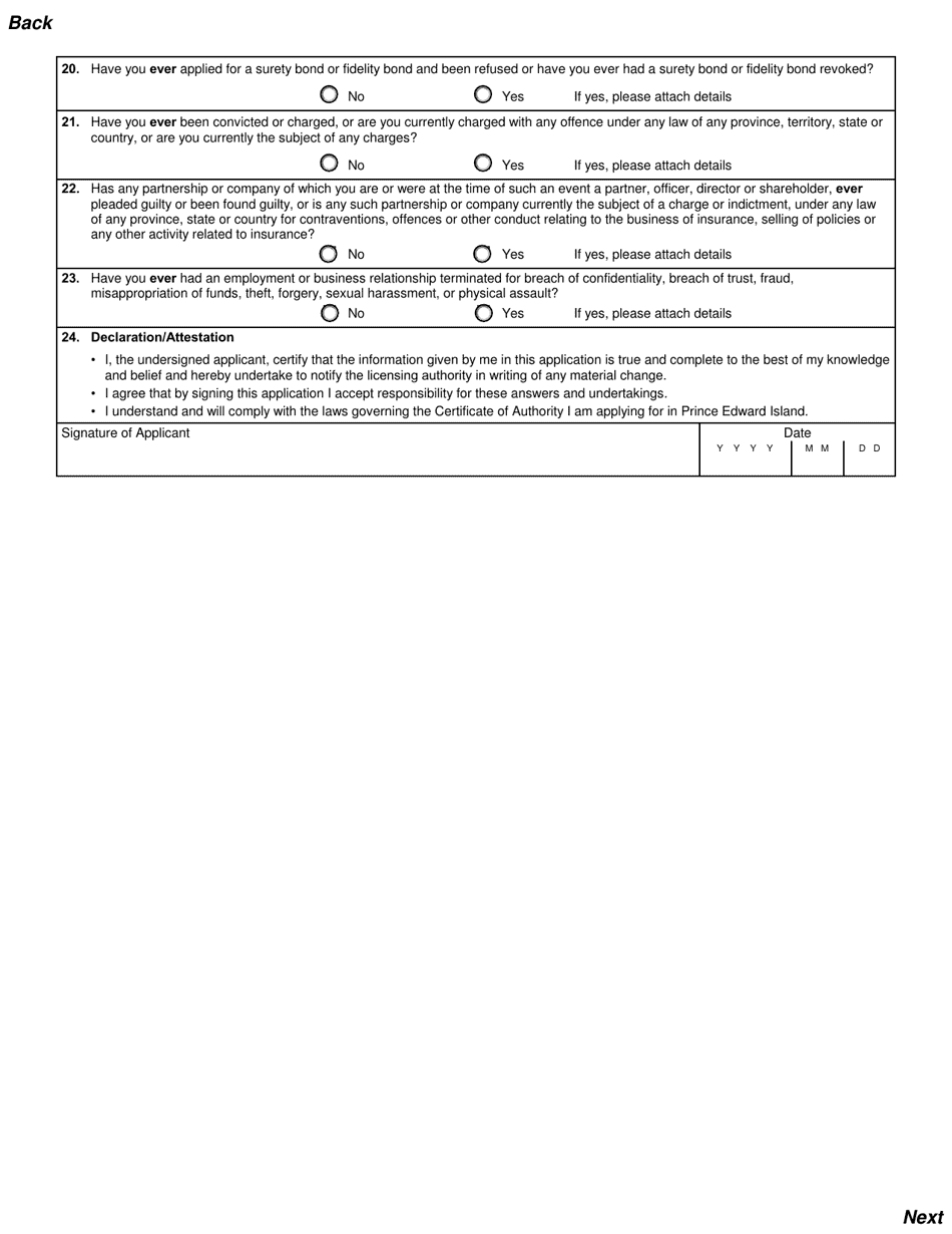 Application for New Life and Accident and Sickness Agent Certificate of Authority - Prince Edward Island, Canada, Page 3