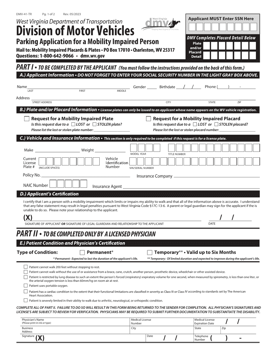 Form DMV-41-TR Parking Application for a Mobility Impaired Person - West Virginia, Page 1