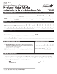 Form DMV-53-TR Application for the Use of an Antique License Plate - West Virginia