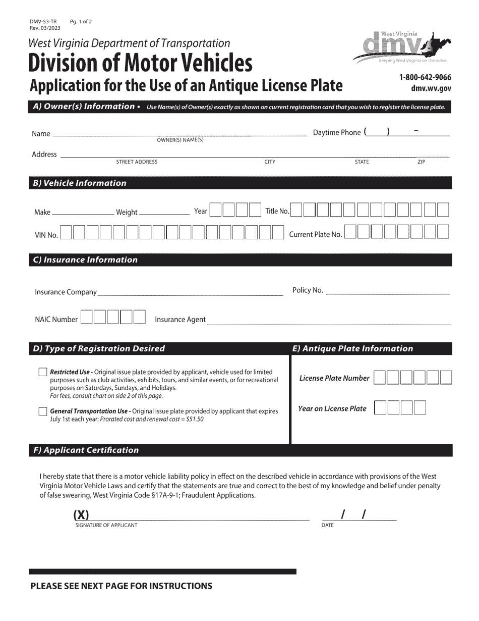 Form DMV-53-TR Application for the Use of an Antique License Plate - West Virginia, Page 1