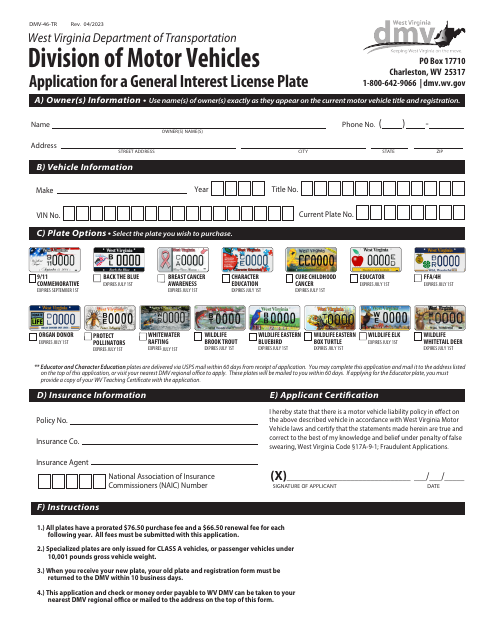 Form DMV-46-TR Application for a General Interest License Plate - West Virginia