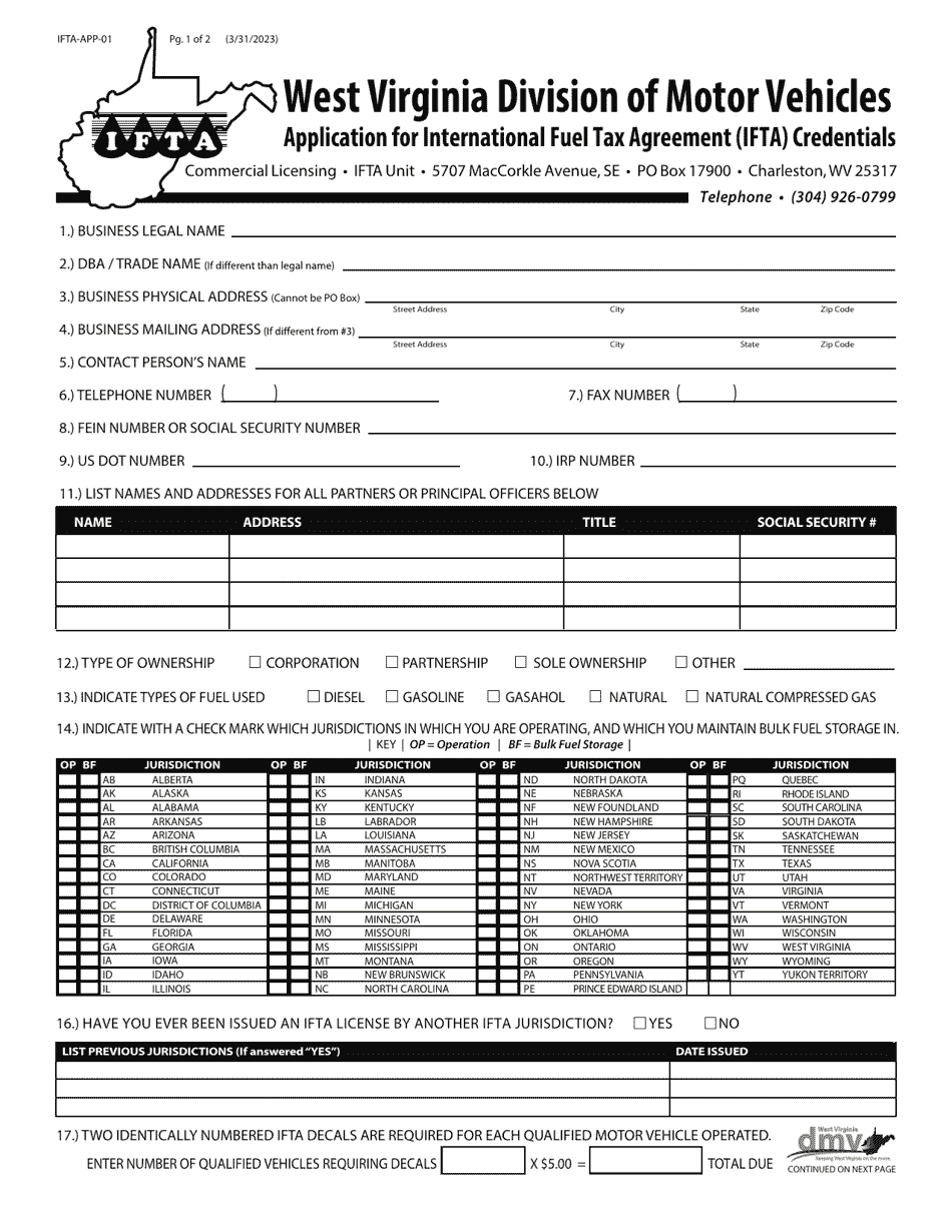 Form IFTA-APP-01 Application for International Fuel Tax Agreement (Ifta) Credentials - West Virginia, Page 1