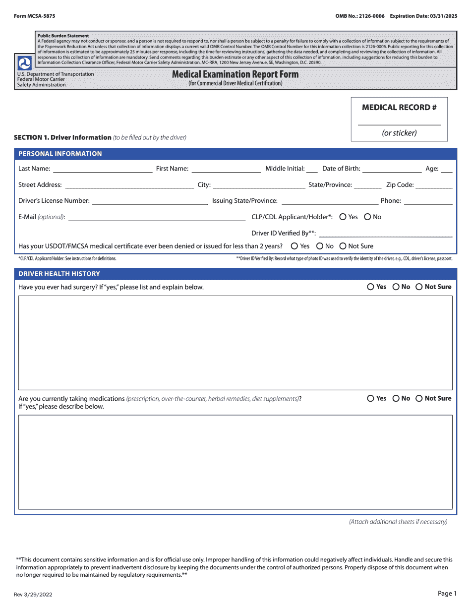 Form MCSA-5875 Medical Examination Report Form (For Commercial Driver Medical Certification), Page 1