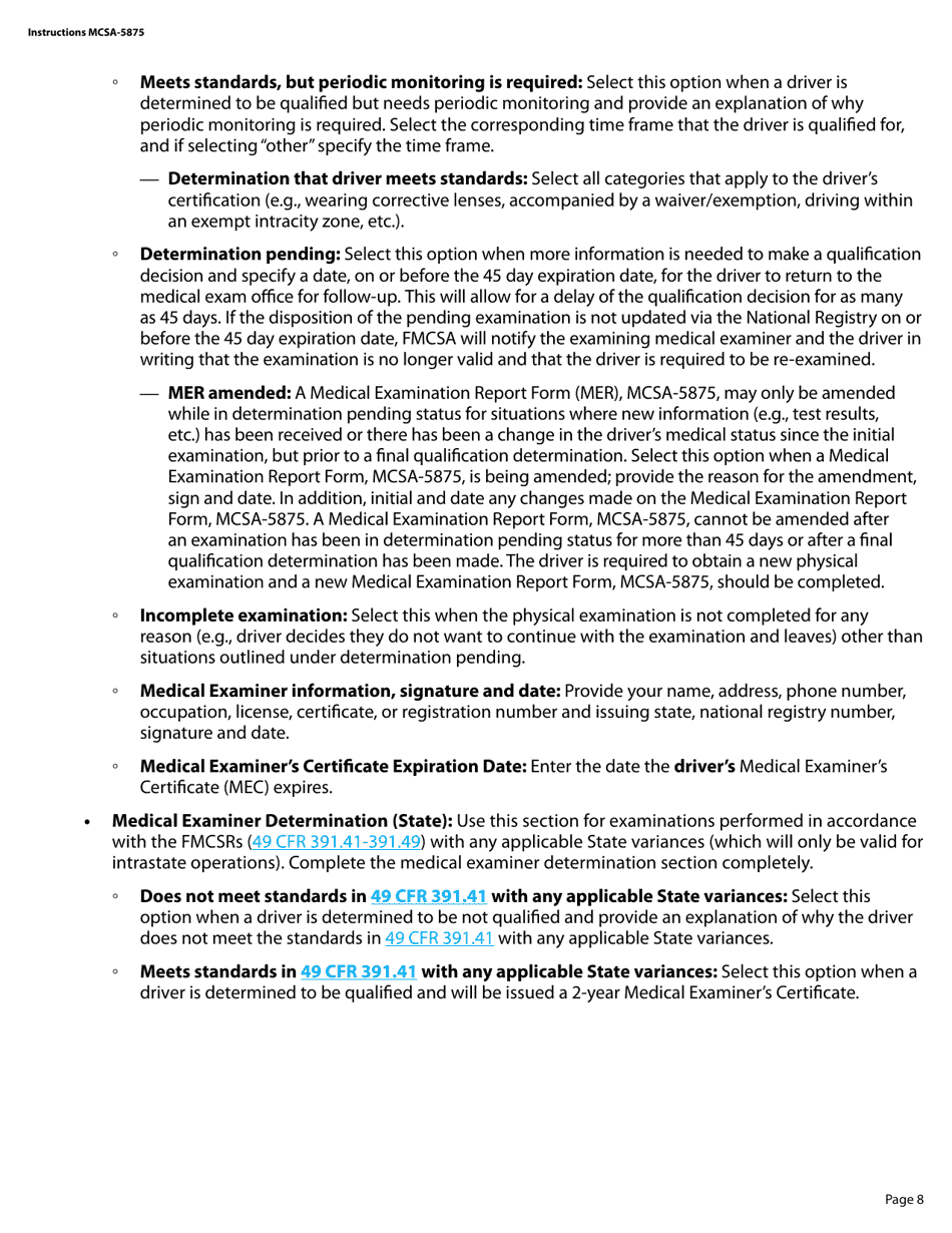 Form MCSA-5875 Medical Examination Report Form (For Commercial Driver Medical Certification), Page 8