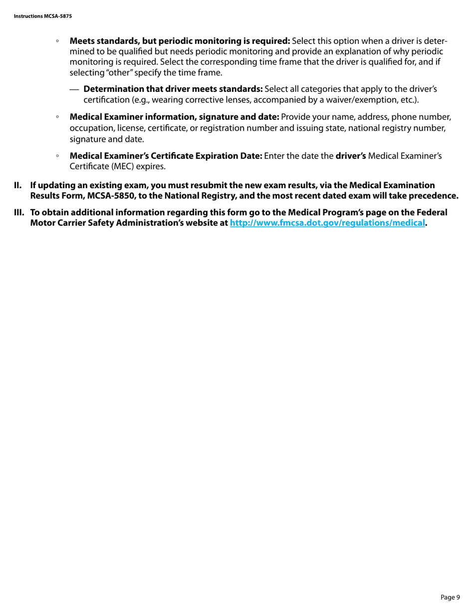 Form MCSA-5875 Medical Examination Report Form (For Commercial Driver Medical Certification), Page 9