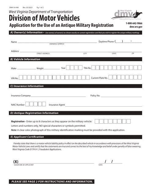 Form DMV-54-AM Application for the Use of an Antique Military Registration - West Virginia