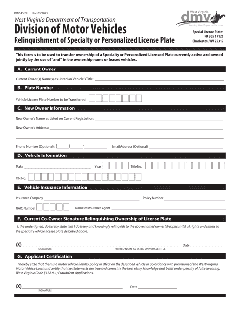 Form DMV-45-TR Relinquishment of Specialty or Personalized License Plate - West Virginia