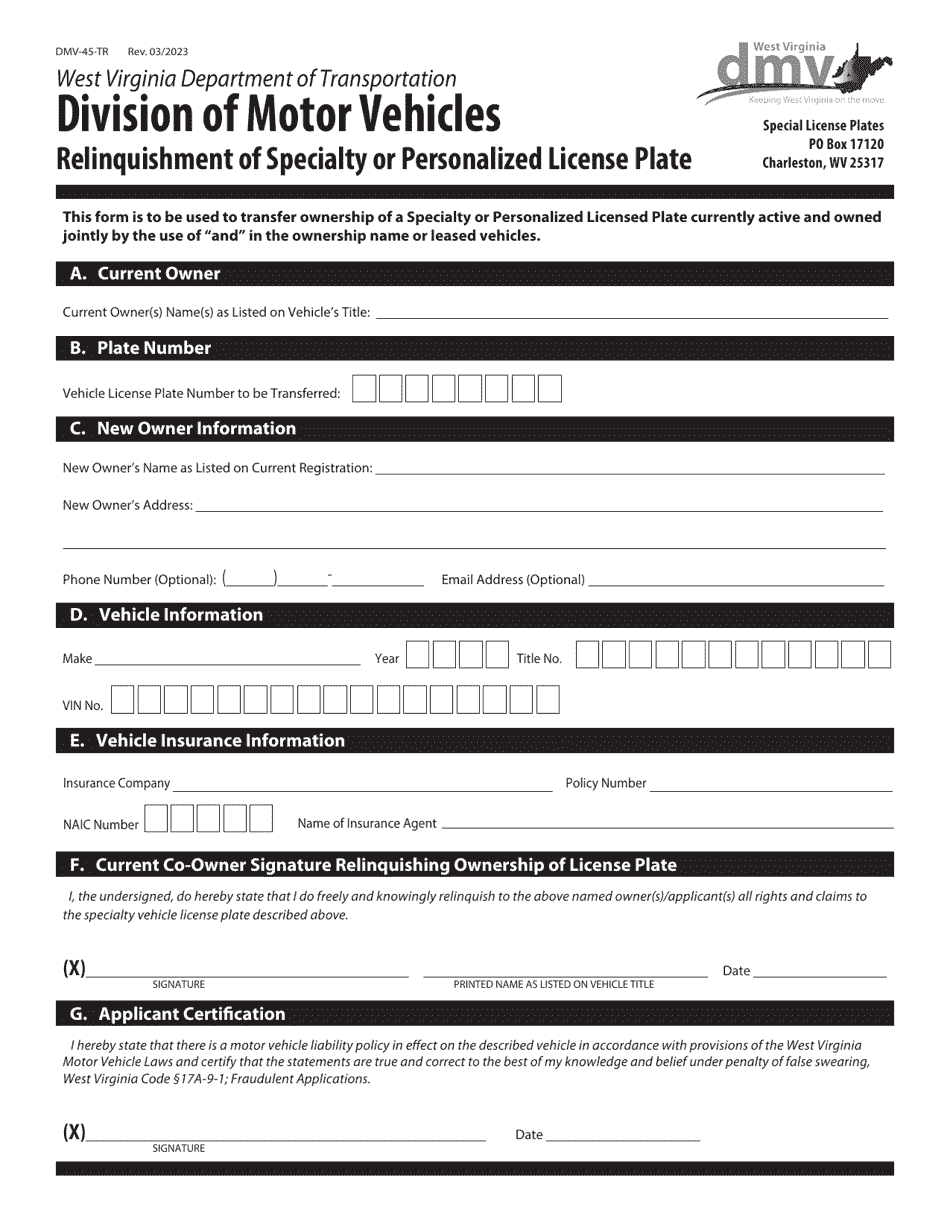 Form DMV-45-TR Relinquishment of Specialty or Personalized License Plate - West Virginia, Page 1