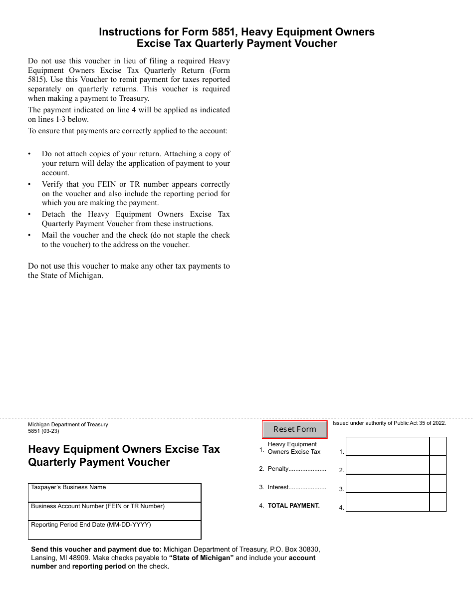 Form 5851 Heavy Equipment Owners Excise Tax Quarterly Payment Voucher - Michigan, Page 1
