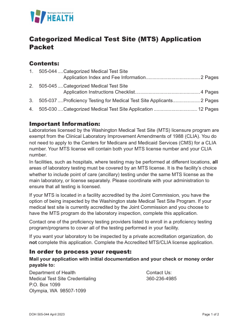 DOH Form 505-030 Categorized Medical Test Site License Application - Washington