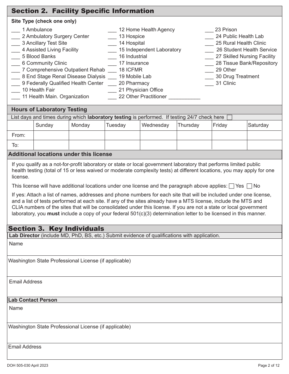 DOH Form 505-030 Categorized Medical Test Site License Application - Washington, Page 10
