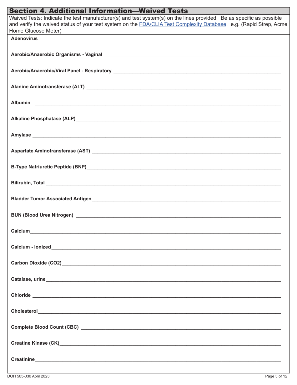 DOH Form 505-030 Categorized Medical Test Site License Application - Washington, Page 11