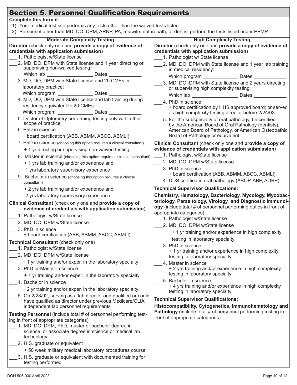 DOH Form 505-030 Categorized Medical Test Site License Application - Washington, Page 18