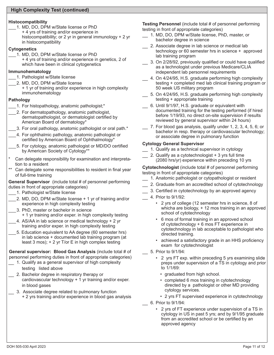 DOH Form 505-030 Categorized Medical Test Site License Application - Washington, Page 19