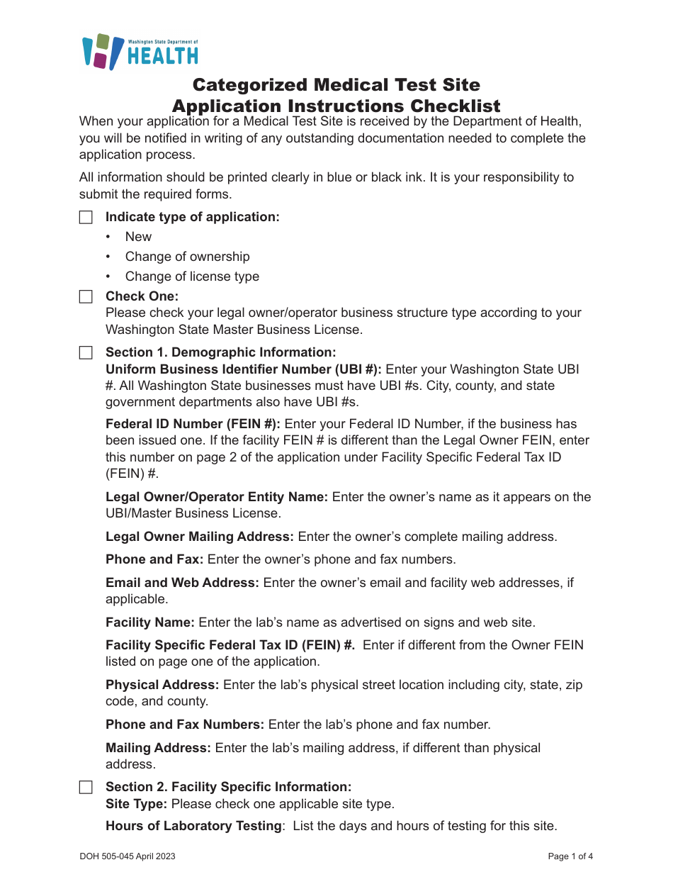DOH Form 505-030 Categorized Medical Test Site License Application - Washington, Page 3