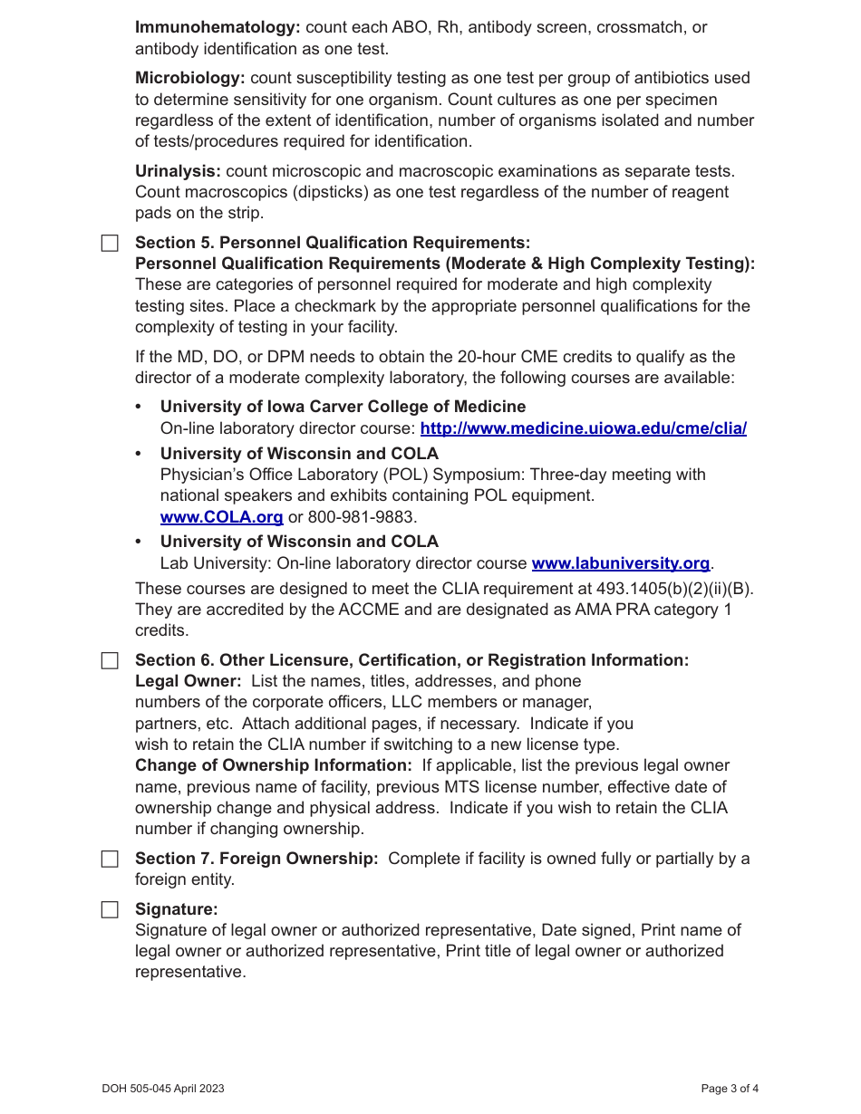 DOH Form 505-030 Categorized Medical Test Site License Application - Washington, Page 5