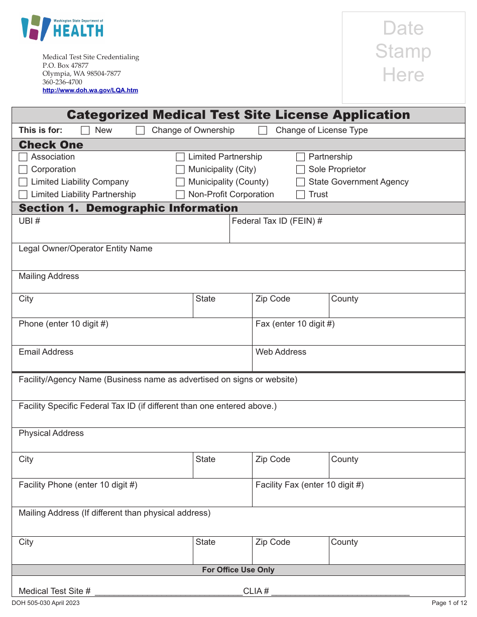 DOH Form 505-030 Categorized Medical Test Site License Application - Washington, Page 9