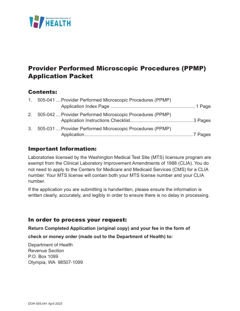 DOH Form 505-031 Provider Performed Microscopic Procedures (Ppmp) Medical Test Site License Application - Washington