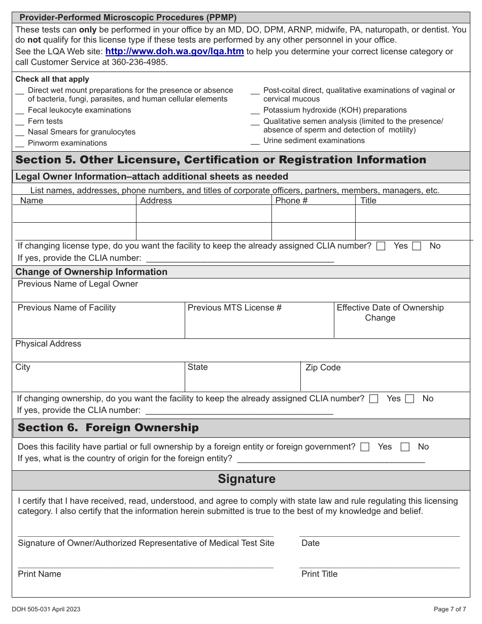 DOH Form 505-031 Provider Performed Microscopic Procedures (Ppmp) Medical Test Site License Application - Washington, Page 13